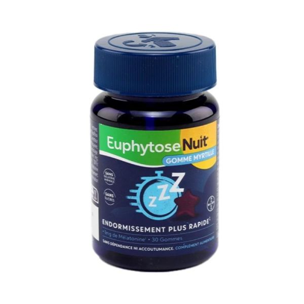 EuphytoseNuit 1mg Mélatonine - Endormissement Plus Rapide - 30 Gommes Myrtille