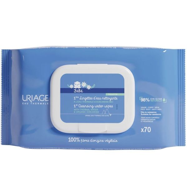 Uriage Bébé 1ères Lingettes d'Eau Nettoyante 70 lingettes - Dès la naissance, à l'eau thermale & edelweiss bio