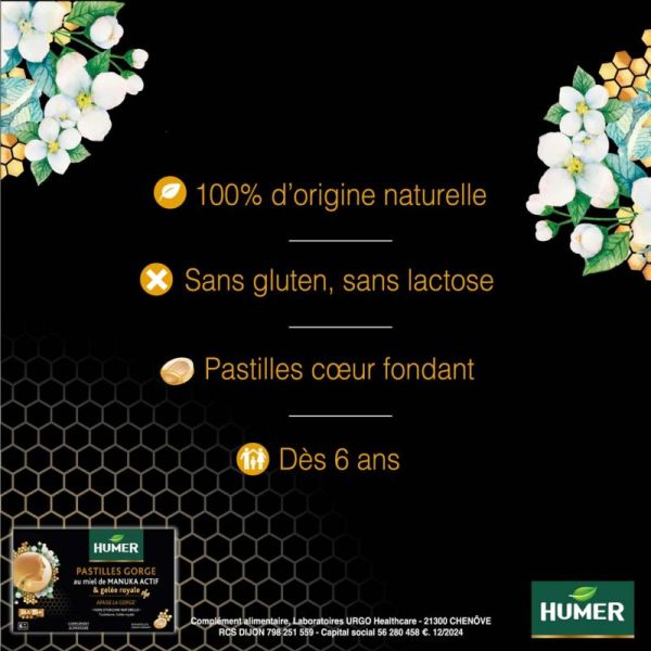 Humer Pastilles Gorge au Miel de Manuka 15+ & Gelée Royale - 16 Pastilles