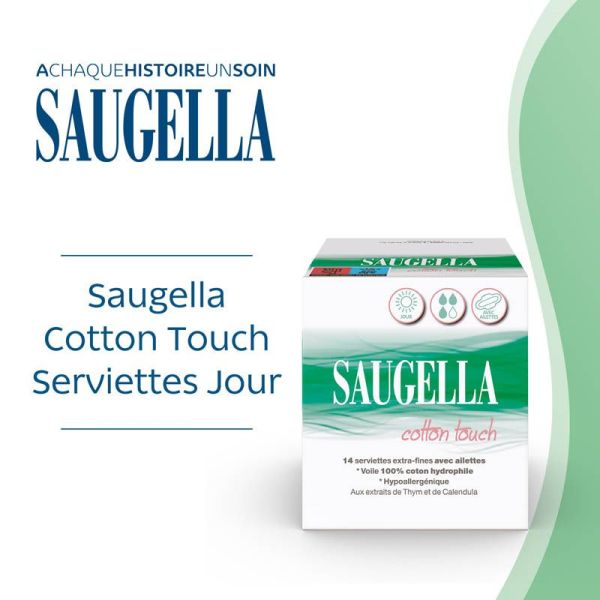 Saugella Cotton Touch 14 Serviettes Extra Fines Jour avec Ailettes