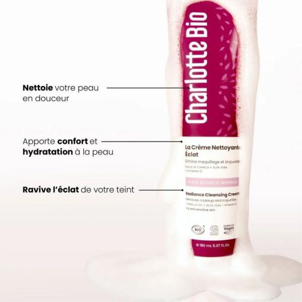 Charlotte Bio Crème Nettoyante Visage Éclat 150 ml - Nettoie, démaquille et hydrate en douceur
