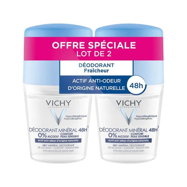 Vichy Déodorant Minéral 48H Roll-On - Lot de 2 x 50 ml - Déodorant Haute Tolérance