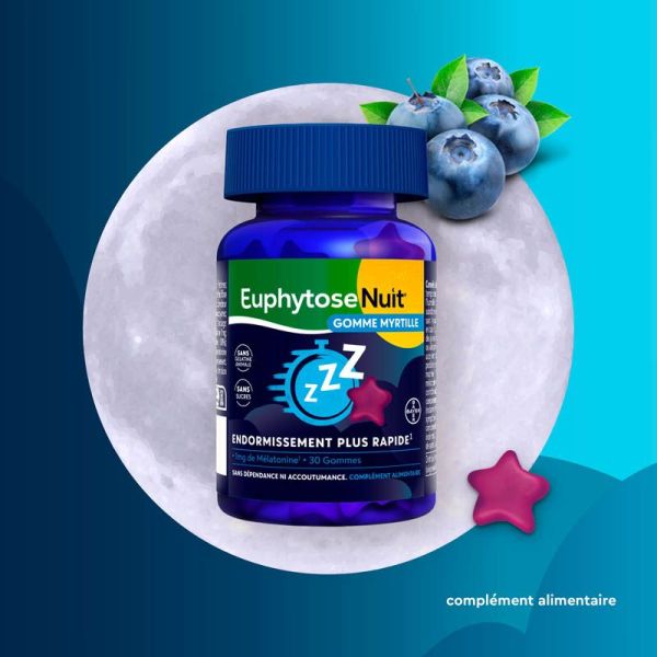 EuphytoseNuit 1mg Mélatonine - Endormissement Plus Rapide - 30 Gommes Myrtille