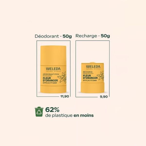 Weleda Déodorant Stick Rechargeable Fleur d'Oranger - Protège efficacement et naturellement contre les odeurs pendant 24h
