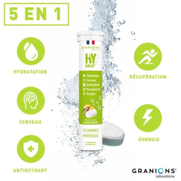 Granions Hydrop Électrolytes Mangue Passion 20 Comprimés Effervescents – Hydratation et énergie
