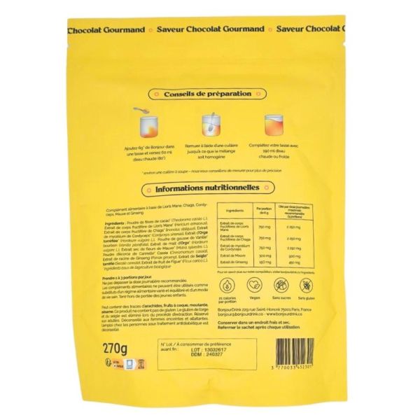 Bonjour Saveur Chocolat Gourmand 45 portions - Complément alimentaire à base de lion's mane, chaga et cordyceps