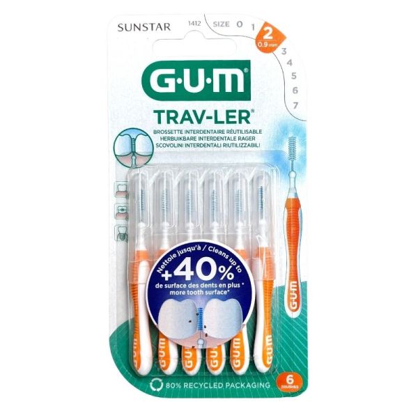 Gum Brossettes interdentaires Trav-Ler - Pack de 6 brossettes - Taille 2 : 0.9 mm - Nettoyage précis
