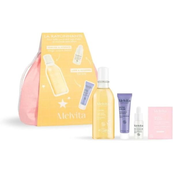 Melvita Pochon La Rayonnante Huile Or Bio 50 ml, Sérum Nectar 5 ml et Crème Nectar 10 ml - Eclat et fermeté