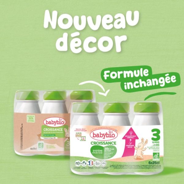 Babybio Lait de Croissance 3 - Dès 10 mois - 6 bouteilles de 25cL