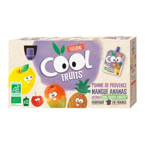 Vitabio Cool Fruits Compote à Boire BIO - Pomme/Mangue/Ananas - 12 Gourdes de 90g