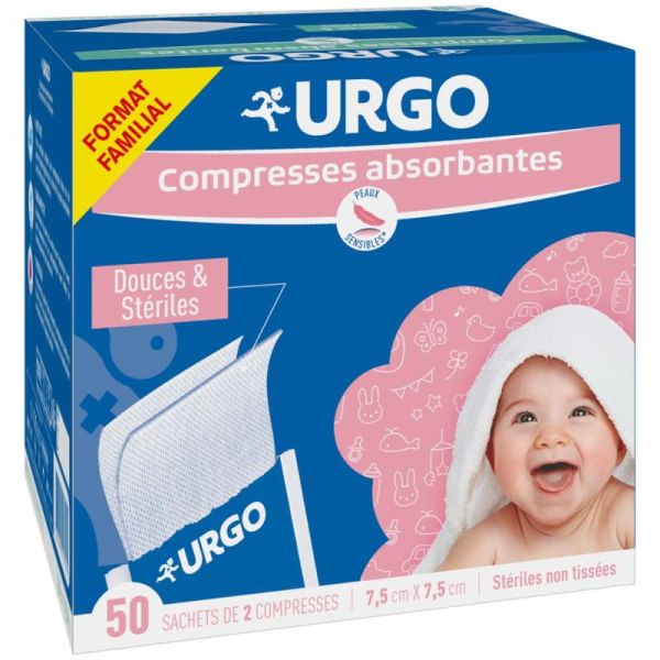 URGO Compresses Absorbantes Douces & Stériles Non Tissées - 7,5cm × 7,5cm - 50 sachets