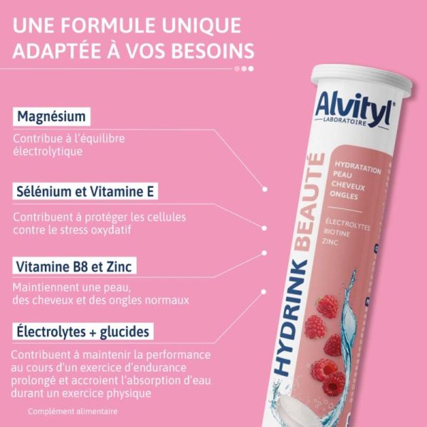 Alvityl Hydrink Beauté - 20 Comprimés Effervescents - Hydratation et éclat de la peau, cheveux, ongles
