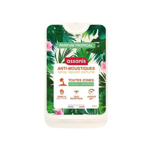 Assanis Spray Répulsif Anti-Moustiques 40 ml - Parfum Tropical - Format de poche protection longue durée zones tempérées et tropicales