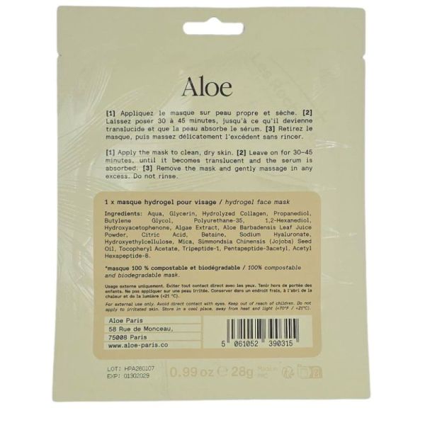 Aloe Paris Masque Visage Hydrogel - Soin hydratant et illuminateur pour un teint frais