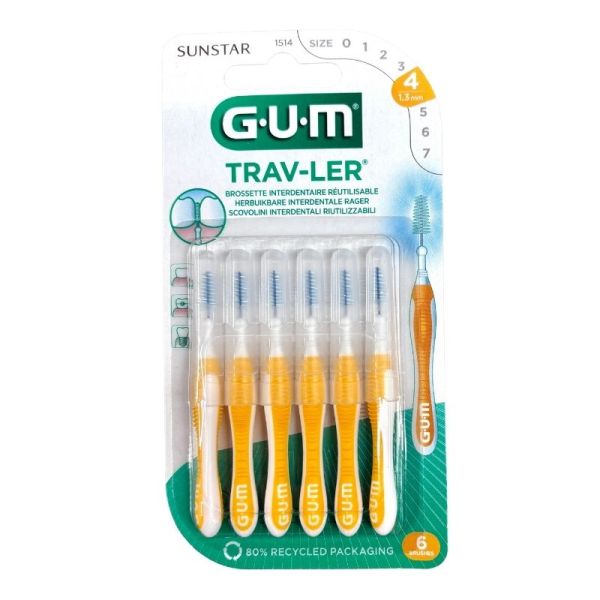 Gum Brossettes interdentaires Trav-Ler - Pack de 6 brossettes - Taille 4 : 1,3 mm - Nettoyage précis
