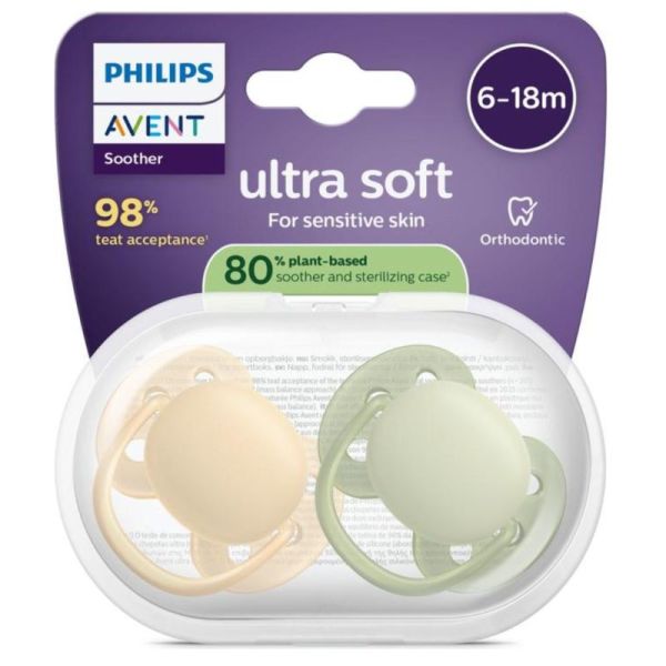 Philips Avent Pacifier Ultra Soft Sucettes Orthodontiques en Silicone 6-18 Mois SCF091/45 - 2 Sucettes