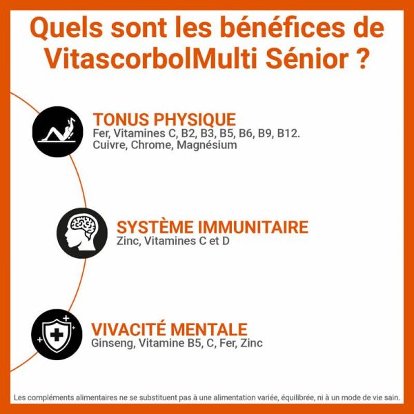 Vitascorbol Multi Sénior - 30 comprimés - Vitalité, mémoire et immunité au quotidien