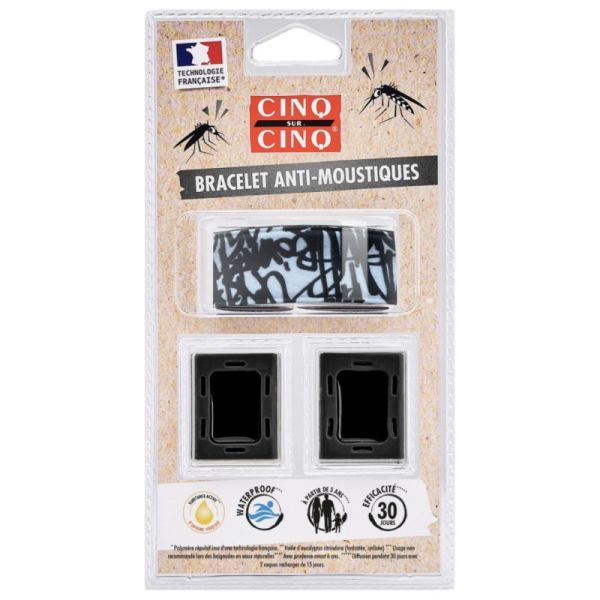 Cinq sur Cinq Bracelet Anti-Moustiques avec 2 Recharges - Graffiti Noir