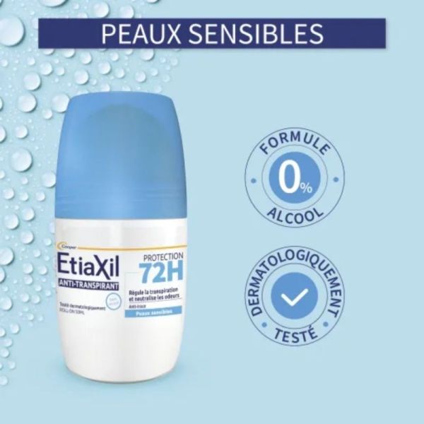 Etiaxil Anti-transpirant Roll-On Protection 72H - lot de 2x50ml - peaux sensibles et anti-traces
