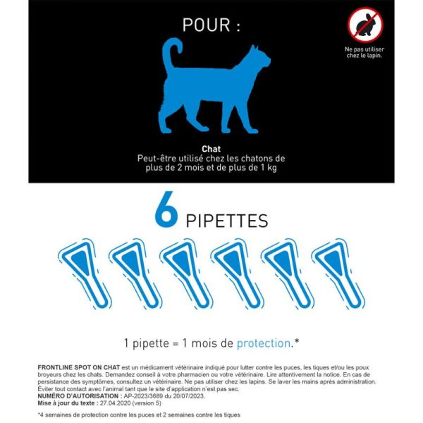 Frontline Spot On Chat 6 Pipettes - Protection Antiparasitaire - Élimine les puces, les tiques et les poux broyeurs