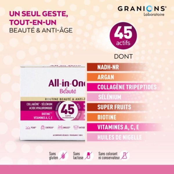 Granions All-In-One Beauté et Anti-Âge 60 comprimés – Peau, Cheveux et Ongles