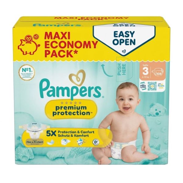 Pampers Premium Protection Couches Taille 3 (6-10kg) - Maxi Economy Pack 108 couches - Protection optimale contre les fuites et les irritations