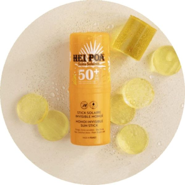 Hei Poa Stick Solaire Invisible SPF50+ au Monoï 15g - Très haute protection pour visage et zones sensibles