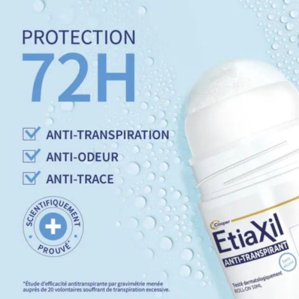 Etiaxil Anti-transpirant Roll-On Protection 72H - lot de 2x50ml - peaux sensibles et anti-traces