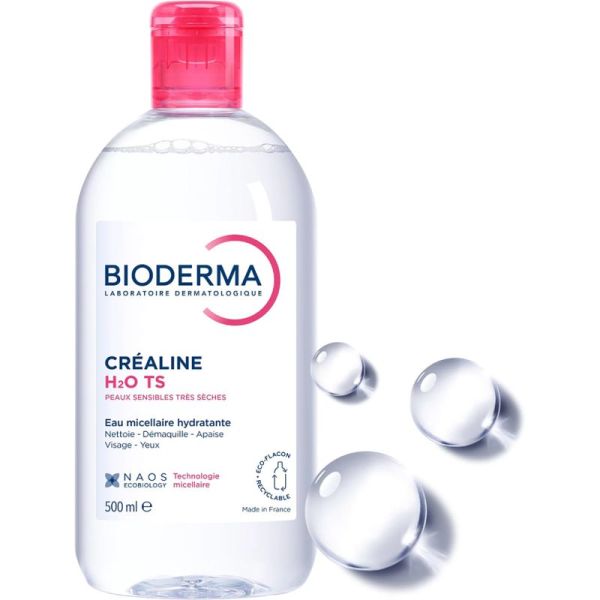 Bioderma Créaline H2O TS Eau Micellaire Hydratante 500 ml – Solution démaquillante sans rinçage peaux très sèches