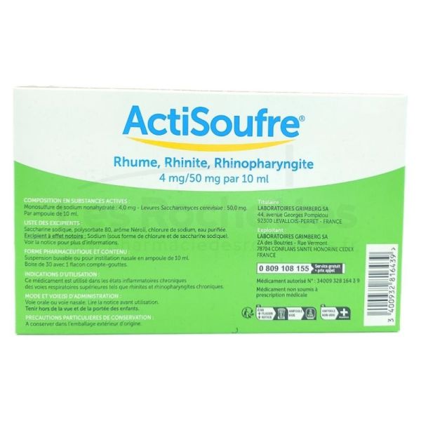 Actisoufre 30 ampoules - Rhume, rhinite, rhinopharyngite