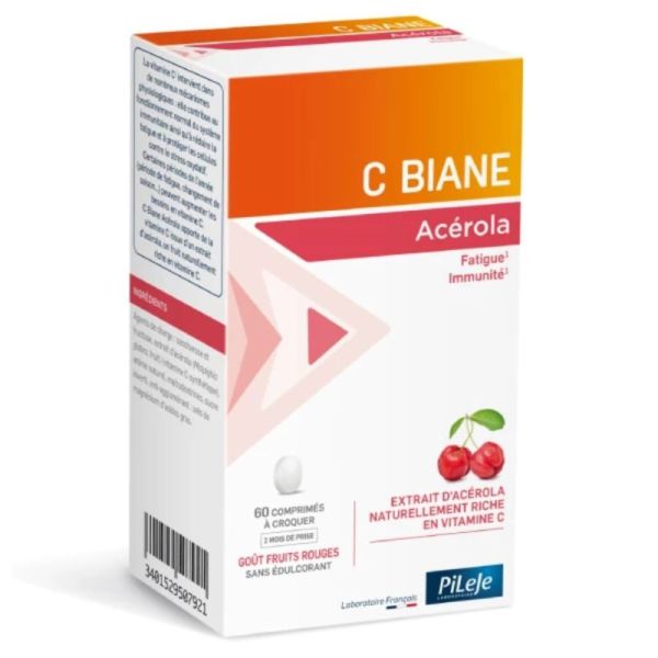 PiLeJe C Biane Acérola Vitamine C Naturelle - 60 Comprimés à Croquer Fruits Rouges