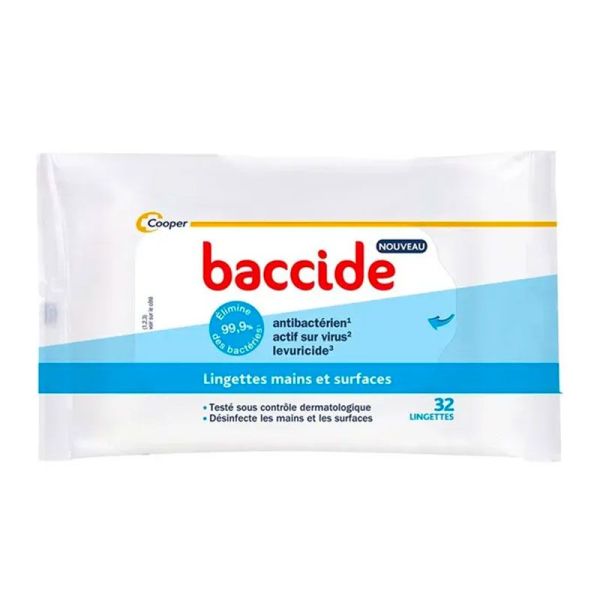 Baccide Lingettes Désinfectantes Mains et Surfaces - Antibactérien, Actif sur Virus, Levuricide - Sachet de 32