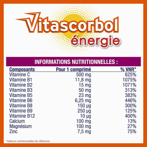 Vitascorbol Énergie - 30 comprimés effervescents - Goût Orange Pressé - Vitalité et Immunité