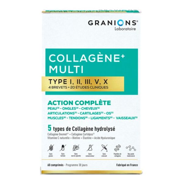 Granions Collagène+ Multi Type I, Ii, Iii, V, X - Action Complète pour la Santé de Tout le Corps - 60 comprimés