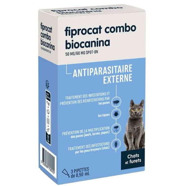 Biocanina - Antiparasitaire Externe - Fiprocat Combo Spot-On - Chats et Furets - 3 Pipettes de 0.50ml