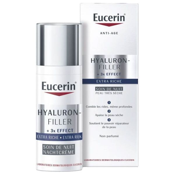 Eucerin Hyaluron-Filler Extra Riche Soin de Nuit 50 ml - Comble les rides, hydrate et apaise la peau sèche