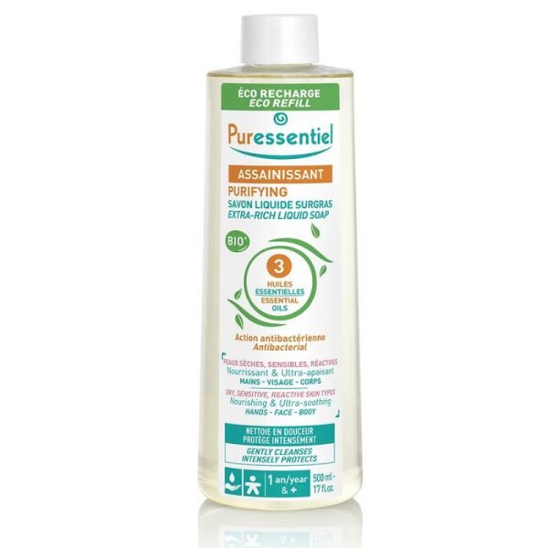 Puressentiel Assainissant Savon Liquide Surgras aux 3 Huiles Essentielles - Recharge de 500ml