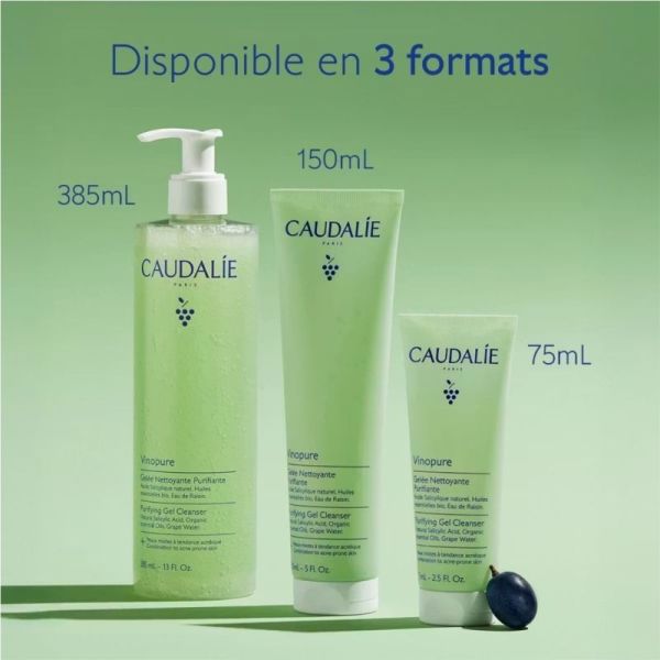 Caudalie Vinopure Gelée Nettoyante à l'Acide Salicylique Purifiante 385ml – Pureté et fraîcheur