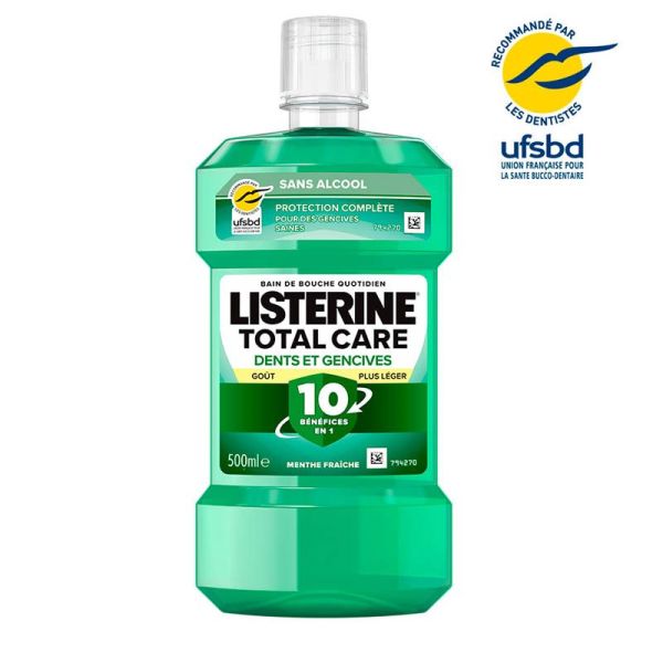 Listerine Total Care Dents & Gencives Goût Plus Léger - 500ml - Menthe Fraîche - Sans alcool - Protection complète