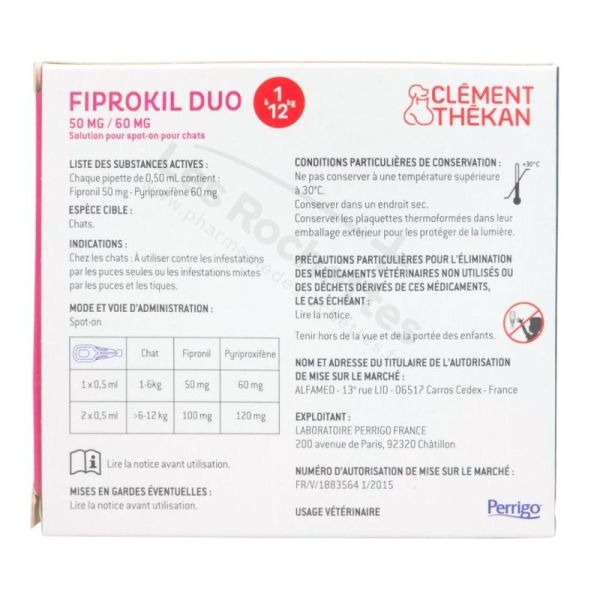 Clément Thékan Fiprokil Duo Antiparasitaire Chat - 2 pipettes