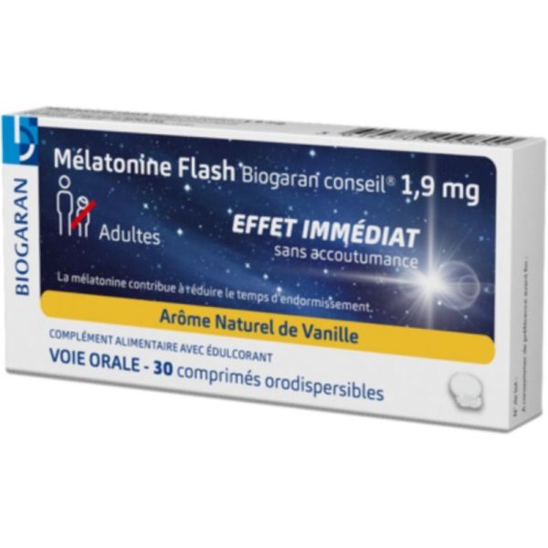 Biogaran Conseil Mélatonine Flash 1,9 mg  - x30 comprimés - Réduction du temps d'endormissement et sommeil réparateur
