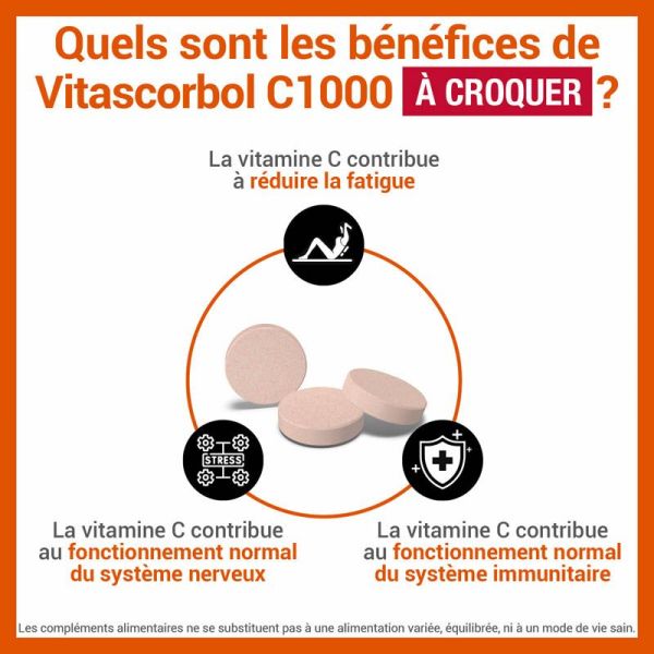 Vitascorbol Vitamine C 1000mg - 20 Comprimés à Croquer - Un coup de boost au quotidien
