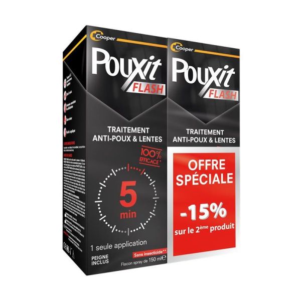 Pouxit Flash Anti-Poux et Lentes Spray - 2 x 150 ml - OFFRE SPÉCIALE - Élimination rapide en 5 minutes