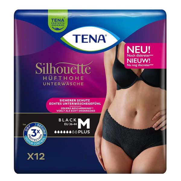 Tena Silhouette Plus Noir - Taille Basse - Taille M - 12 protections