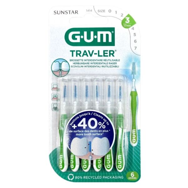 Gum Brossettes interdentaires Trav-Ler - Pack de 6 brossettes - Taille 3 : 1,1 mm - Nettoyage précis