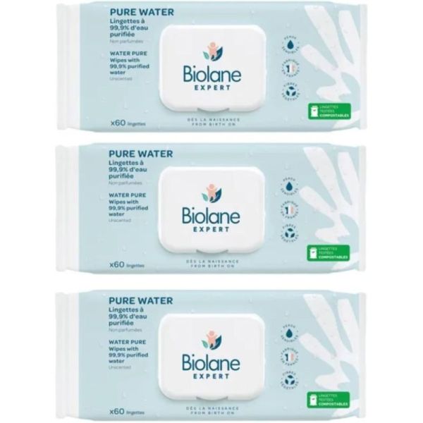Biolane Expert Pure Water Lingettes Nettoyantes Bébé - 3 × 60 Lingettes