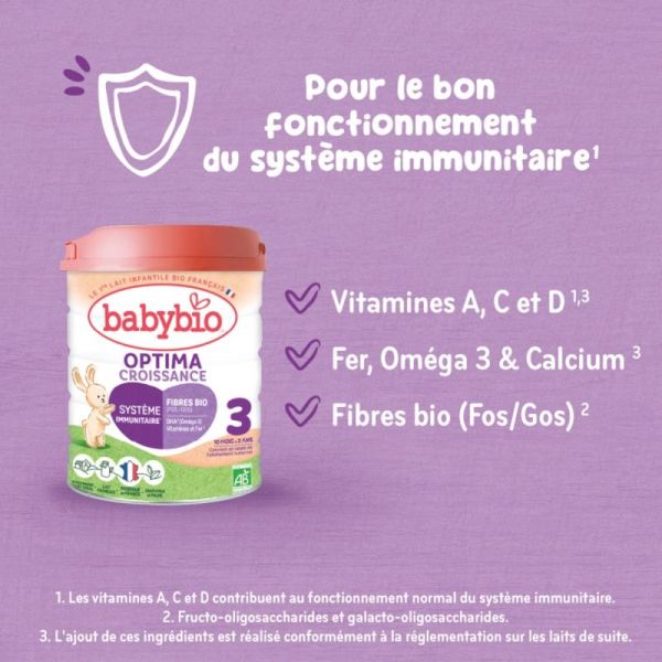 Babybio Optima 3 Croissance 800 g (10 mois à 3 ans) Lait de croissance bio avec fibres