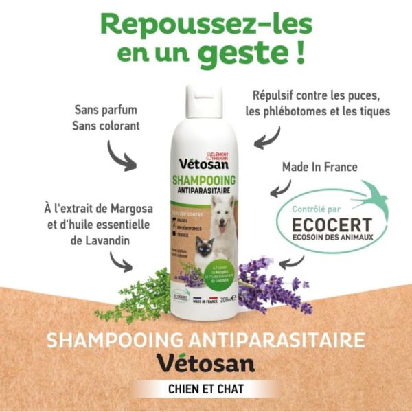 Clément Thékan Shampoing Antiparasitaire Vétosan Chiens et Chats - 200ml