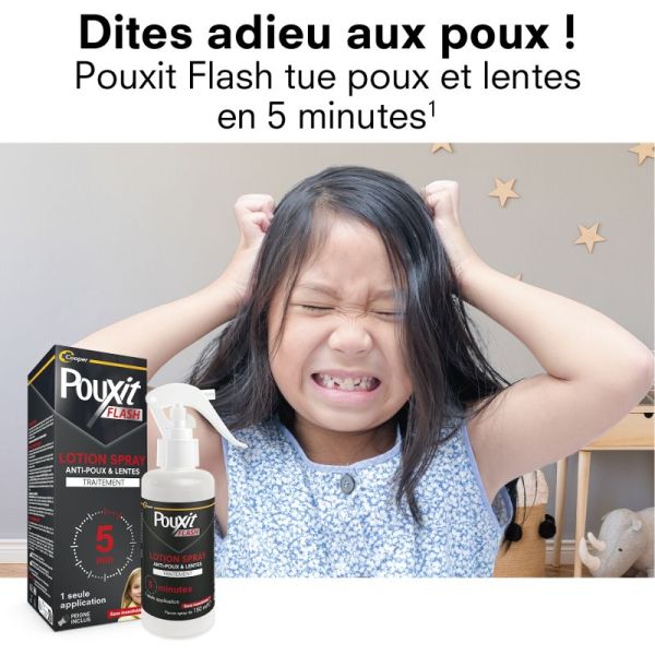 Pouxit Flash Traitement Anti-Poux et Lentes - 150ml - Lotion Spray, une seule application, peigne inclus