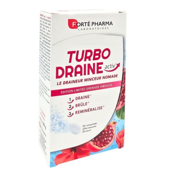 Forté Pharma Turbodraine Activ' Édition Limitée Grenade Hibiscus 20 comprimés effervescents - Draineur minceur nomade pour brûler les calories